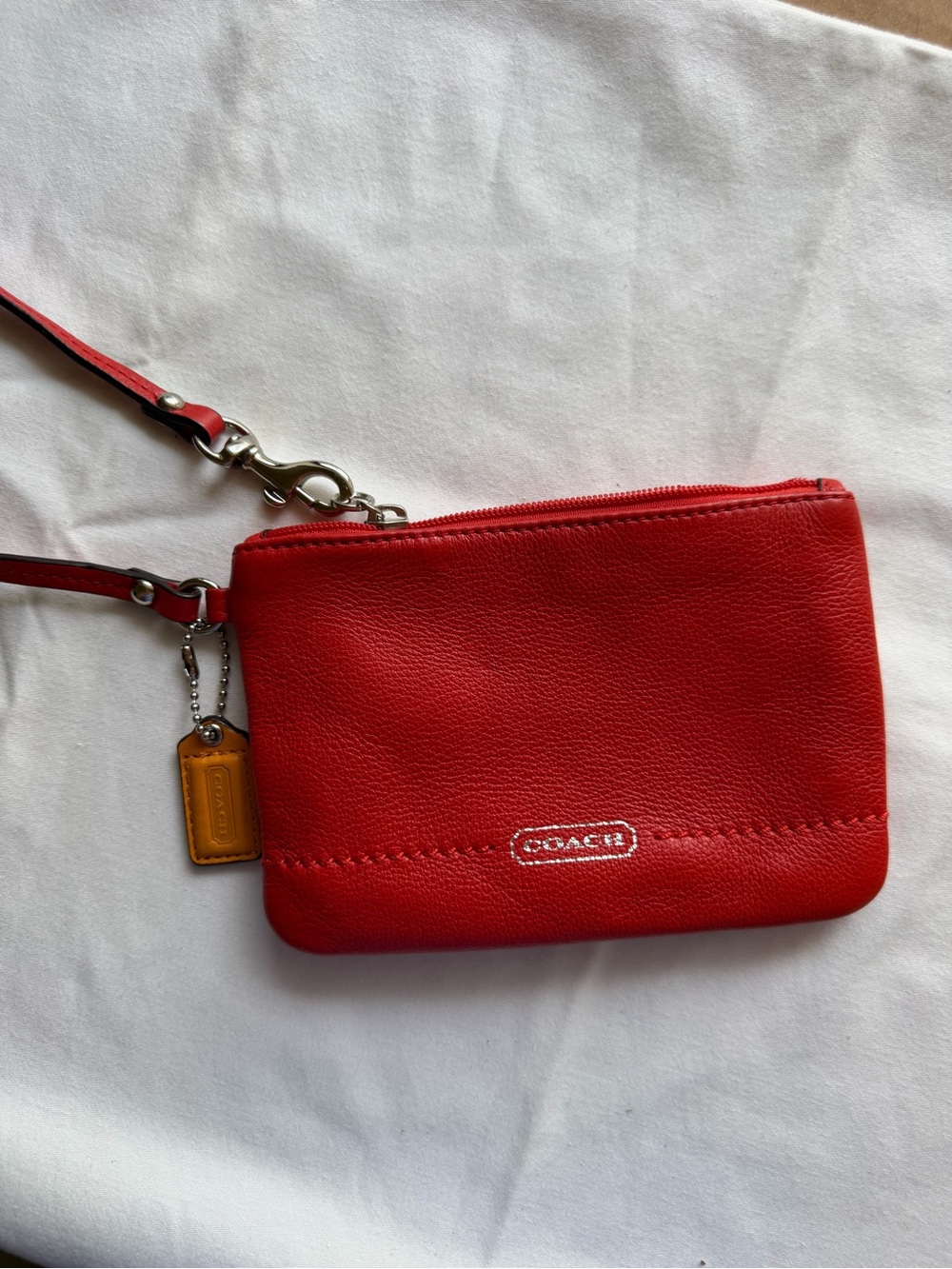 Coach Red Pebbled Leather Wristlet with Gold-Tone Tag